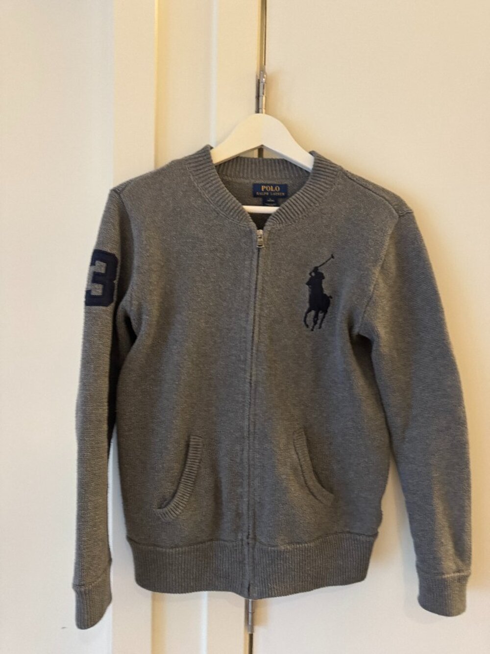 ralph lauren polo kids big pony zip up sweater grey/gray navy (size large 14-16)